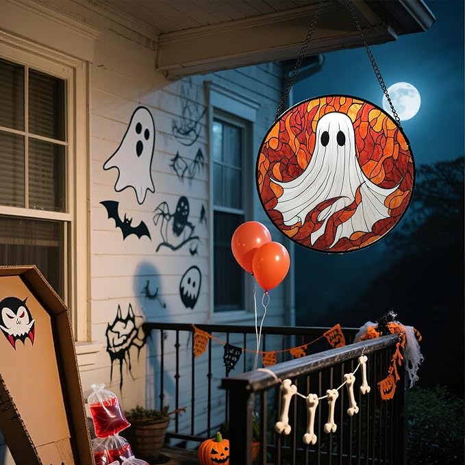 Stained Glass Window Hanging - Halloween Decorations White Ghost Orange Sky Suncatcher for Doors Garden Funny Spooky Sun Catchers Gothic Decor Horror Gifts for Women Men Friend Boy 9.8 in