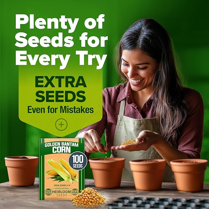 HOME GROWN Golden Bantam Corn 1 Pack 100 Heirloom Vegetable Seeds Grow Sweet Corn Outdoors Easy for Beginners & Great for Home Gardeners High Germination (Zea mays)