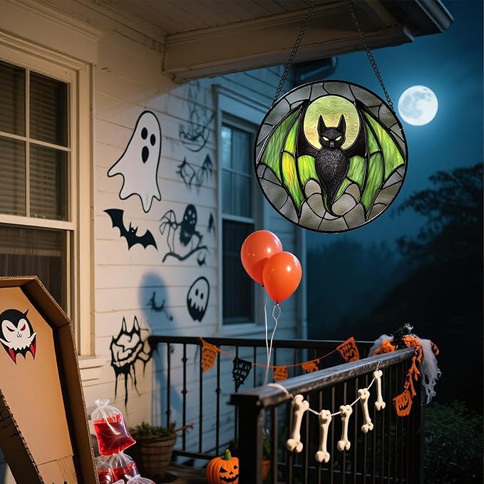 Stained Glass Window Hanging - Halloween Black Bat Green Wings Monster Suncatcher for Doors Garden Home Spooky Sun Catchers Gothic Decor Horror Gift for Women Men Friend Boy Girl 15 in