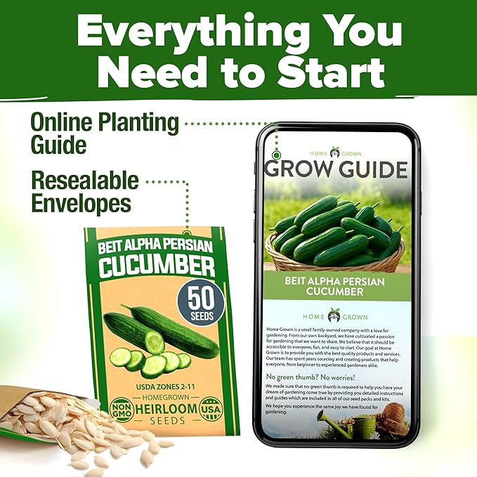 HOME GROWN Persian Cucumber Seeds – 50+ Heirloom Non-GMO, High-Yielding Beit Alpha Variety | Fast Growing, Sweet Tender Skin, Home Vegetable Garden Seeds (Cucumis sativus)