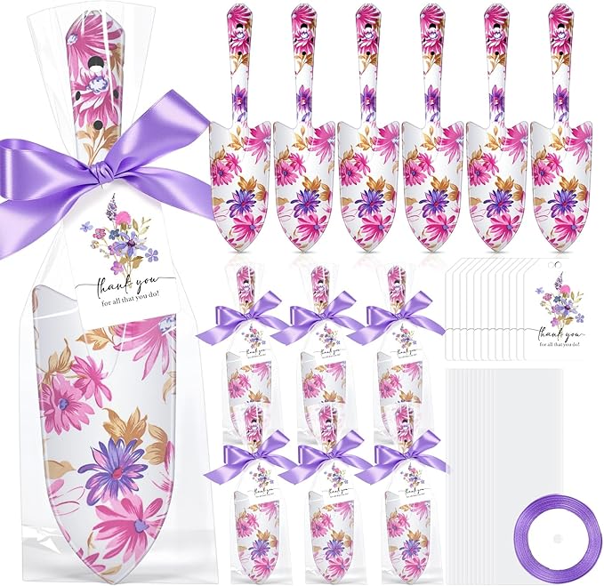 Capoda 12 Sets Floral Garden Shovels Bulk Gardening Gift for Women Thanksgiving Garden Tools Floral Hand Heavy Duty Trowels Thank You Cards with Bags for Christmas Mom Birthday Teacher(Purple,Elegant)