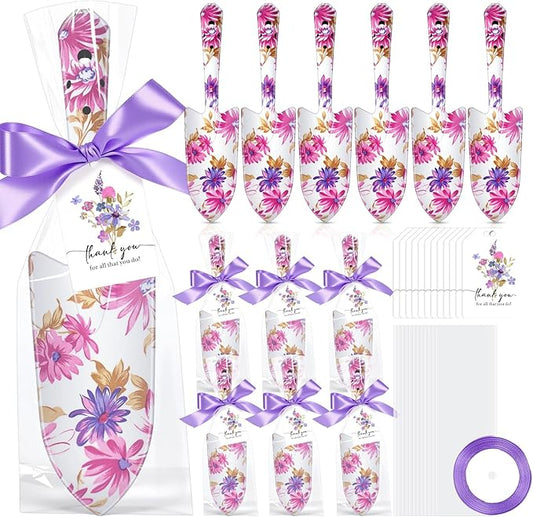 Capoda 12 Sets Floral Garden Shovels Bulk Gardening Gift for Women Thanksgiving Garden Tools Floral Hand Heavy Duty Trowels Thank You Cards with Bags for Christmas Mom Birthday Teacher(Purple,Elegant)