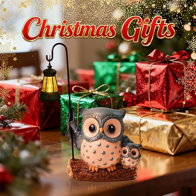 Garden Statues Owl with Solar LED Lantern, Resin Solar Garden Decor for Outside, Yard Decorations Outdoor for Patio, Porch, Balcony, Lawn Ornaments, House Warming Birthday Gifts for Mom Women Grandma