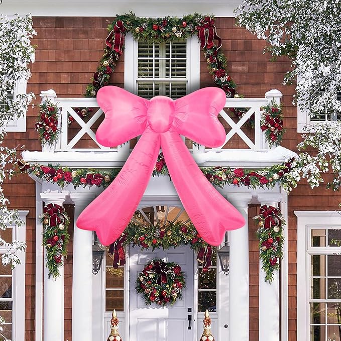 Christmas Inflatables Bow Lighted Yard Lawn Inflatable Decoration with Built-in Fan and Stakes Ropes Holiday Party Decor, Christmas Decor (7FT-Pink Bow)