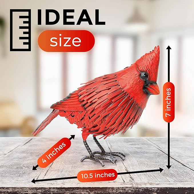Cardinal Statue Metal Bird Garden Decor - Metal Yard Art - Outdoor Sculptures & Statues - Large Red Bird - Ornaments for Patio Balcony - Sympathy Gift