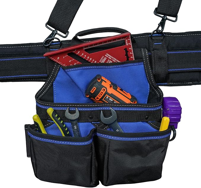 MELOTOUGH Pro Framer's Combo System Apron Tool Pouch Tool Belt with Suspenders Builder Heavy Duty Carpenter Suspension Rig Tool Belt and Multi Function (Blue)…