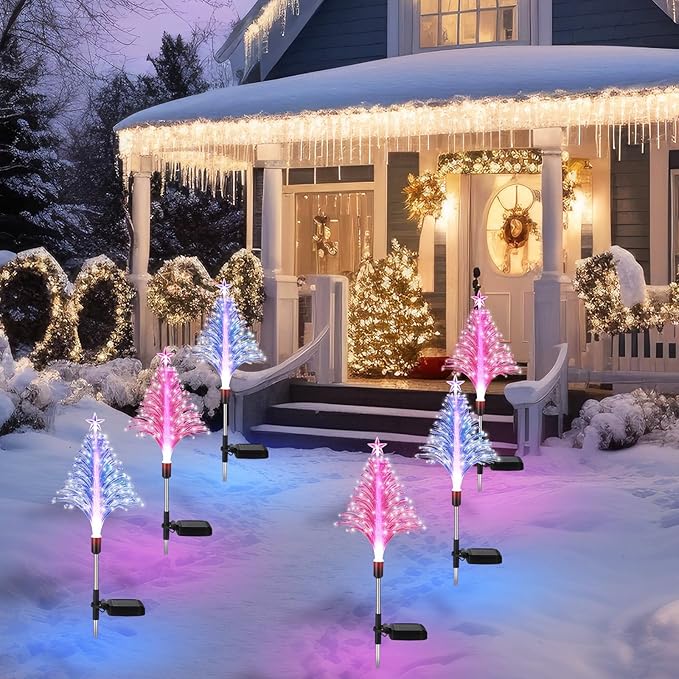 Baquler 2 Pcs Solar Christmas Tree Garden Stake Lights Outdoor Christmas Tree Yard Decorations Multicolor LED Solar Stakes for Pathway Lawn Patio Xmas Ornament(Colorful)