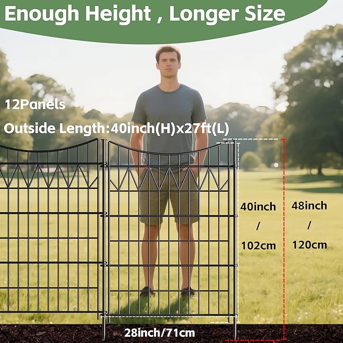 12 Panels No Dig Fence with gate, 40in(H)×27ft(L) Tall Decorative Fence Outdoor | Rustproof Metal Garden Fence Borders | Heavy Duty Reusable Defense Fence Panels for Yard, Patio, Black