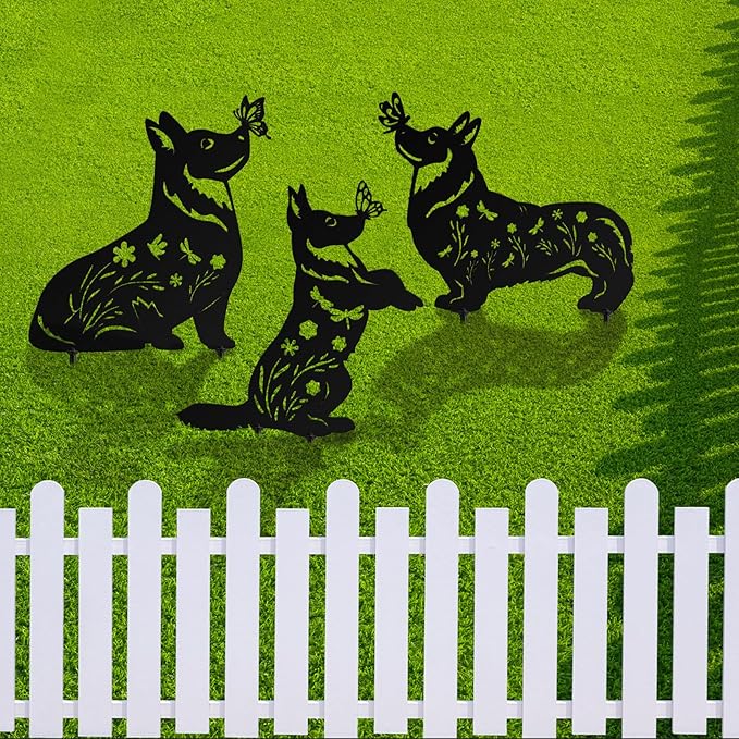 3 Pcs Metal Dog Garden Decor for Outside 12" Puppy Garden Stake Black Silhouette Statues Outdoor Decoration for Animal Lovers Gifts Women Men Patio Lawn Lawn Yard Art(Corgi)