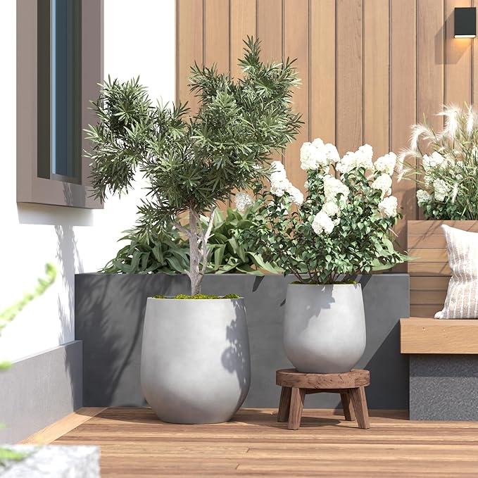 DTY Signature Mount Wilson Lightweight and Durable Modern Fiberstone Tapered Planter for Indoor Outdoor, Drainage Hole & Rubber Plug, Weather Resistant, 11.8" H x 11" Dia, 8" Opening - Small, Gray
