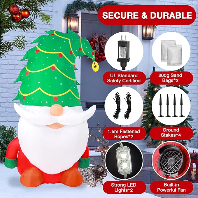 5 FT Christmas Inflatable Outdoor Decorations, Inflatables Christmas Gnome Yard Decor with Christmas Tree Hat, Built-in LED Lights Blow up Xmas Holiday Decorations for Outside Lawn Garden Indoor