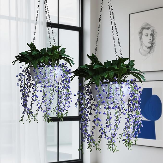 alyptus Hanging Planters for Indoor Plants Fake Flowers - 2-Pack Artificial Hanging Lily of The Valley with Pot - White Faux Flowers in Planters for Indoor Décor