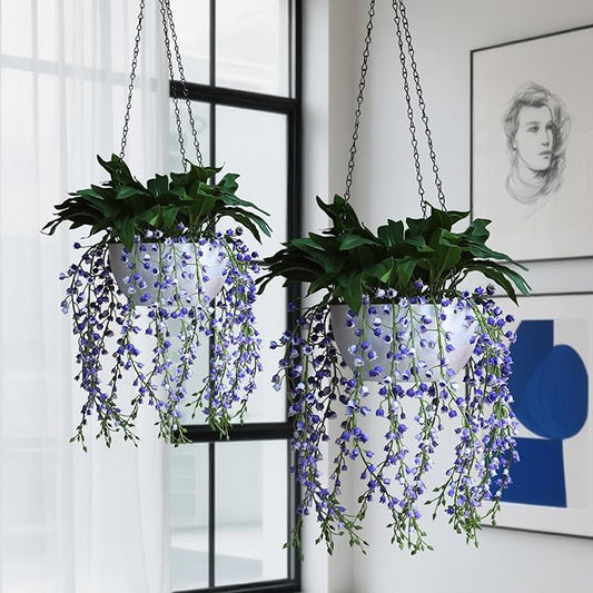 alyptus Hanging Planters for Indoor Plants Fake Flowers - 2-Pack Artificial Hanging Lily of The Valley with Pot - White Faux Flowers in Planters for Indoor Décor