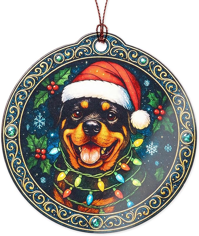 Rottweiler Christmas Ornament – Holiday Dog Decor | Santa Hat Puppy Gifts – Festive Pet Lover Ornament – Merry Christmas Tree Decoration – White elephant gifts - Xmas Tree Funny Decoration
