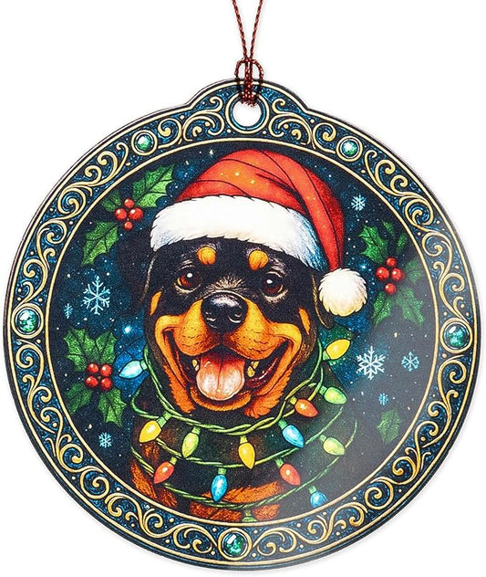 Rottweiler Christmas Ornament – Holiday Dog Decor | Santa Hat Puppy Gifts – Festive Pet Lover Ornament – Merry Christmas Tree Decoration – White elephant gifts - Xmas Tree Funny Decoration