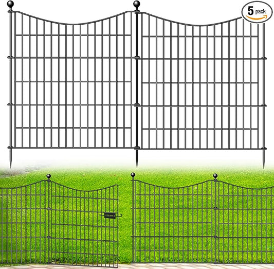 5 Panels Decorative Garden Fence with Gate, 32 in(H) X 12 ft(L) No Dig Dog Fence Animal Barrier Outdoor for Yard, Rustproof Metal Garden Edging and Borders, Temporary Fencing Stakes