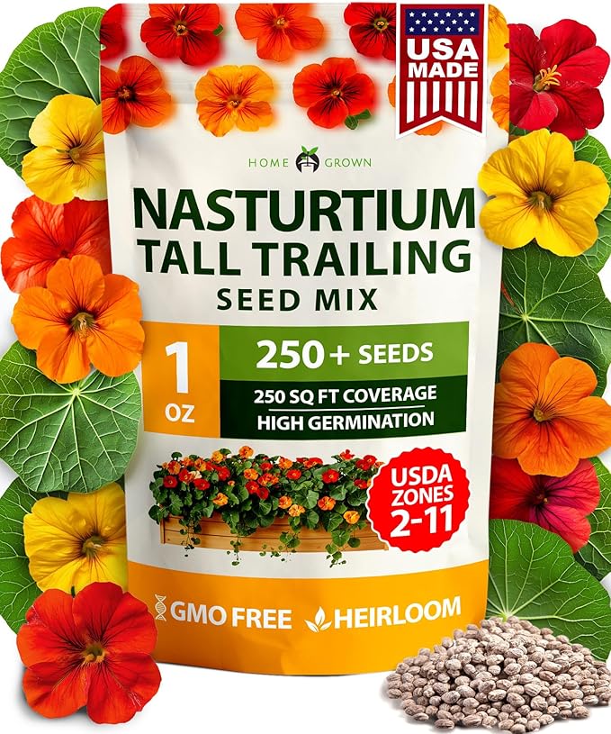 HOME GROWN Nasturtium Seeds Dwarf Tall Trailing Mix – 250+ Edible Flower Seeds for Planting Outdoors – Fast Germination, Low-Maintenance Climbing & Trailing Nasturtium (Tropaeolum majus)