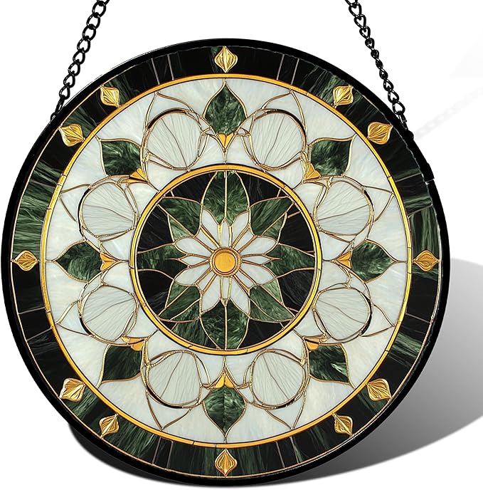 Stained Glass Window Hanging - Black and White Green Boho Sun Catcher for Door Home Decor Flower Suncatcher Christmas Mother's Day Birthday Gifts for Women Men Lovers Mom Nana 6.3 in