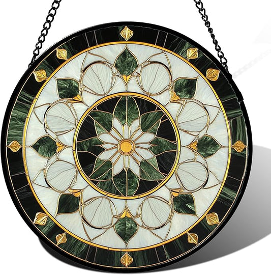 Stained Glass Window Hanging - Black White Green Boho Style Sun Catcher for Door Home Decor Flower Suncatcher Christmas Mother's Day Birthday Gifts for Women Men Lovers Mom Nana 7.8 in