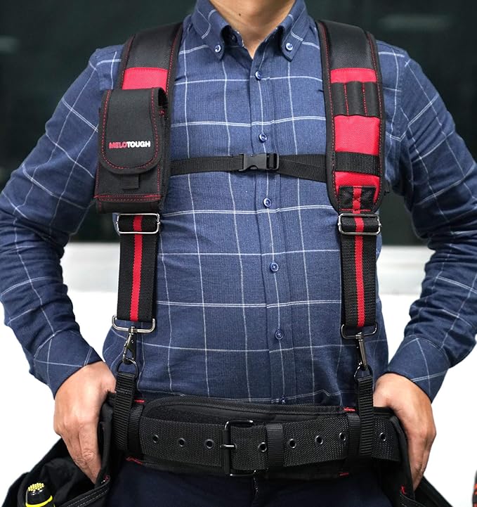 MELOTOUGH Tool Belt Suspenders Construction Work Suspenders with detachable phone holder comfortable foam shoulder padder (Red)