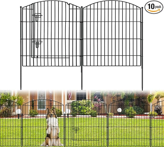 No Dig Decorative Garden Fence with Gate 32in (H) x 24ft (L), 9 Panels + 1 Gate +11 Stakes, Temporary Dog Fencing Outdoor, Rustproof Metal Arched Animal Barrier for Yard, Patio, Flower Bed, Landscape