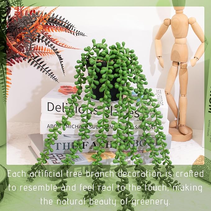 Realistic Artificial String of Pearls Plant - Faux Hanging Succulent Trailing Plant with Black Pot, Natural-Looking Small Potted Faux Plant Indoor Outdoor for Home Office Shelf Decor