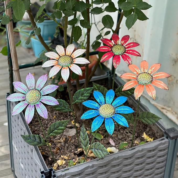 5Pcs Outdoor Metal Flowers for Outside - Decorative Garden Stakes with Sunflower Design, Spring Yard Art Decor for Lawn Porch Patio Fence | Metal Garden Decor Stakes.
