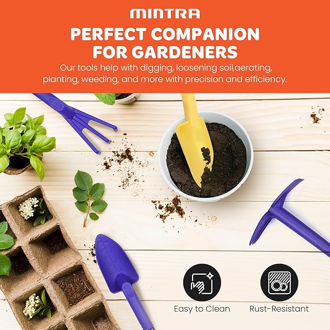 Mintra Garden Tool Set, 4 Piece Heavy Duty Gardening Tools Including Cultivator, Trowel, Shovel & Rake, Durable Poly Material & Non-Slip Handle, Garden Hand Tools Set for Gardening Gift, Black