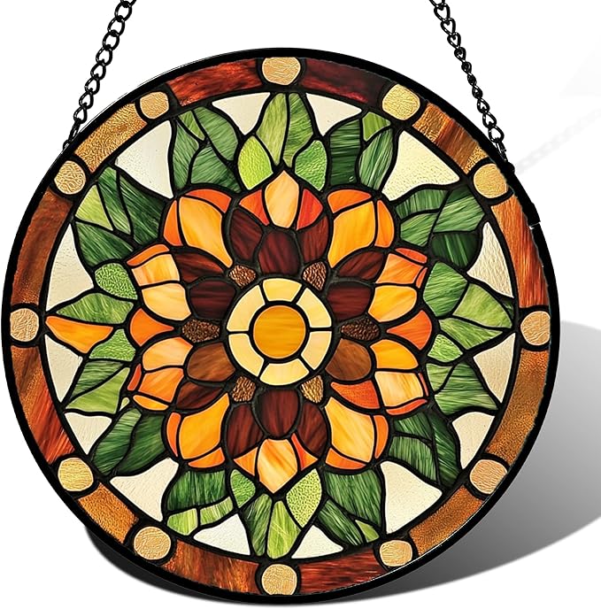 Stained Glass Window Hanging - Yellow Green Boho Style Flowers Sun Catcher for Door Garden Home Decor Suncatcher Christmas Mother's Day Birthday Gifts for Women Mom Girl Nana Friend 7.8 in