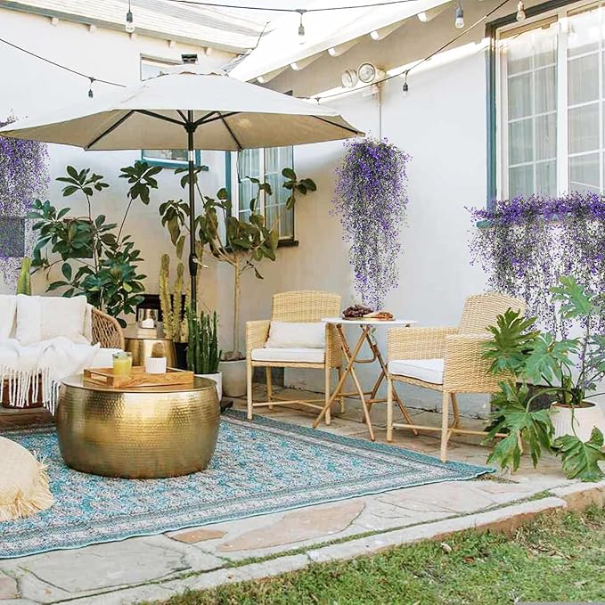 RECUTMS Artificial Vine Plants 2 Pack Fake Hanging Flower Plants Faux Ivy Vine Leaves Plastic Baby Breath Greenery UV Resistant for Home Bedroom Wall Porch Garden Wedding Decor (Purple)