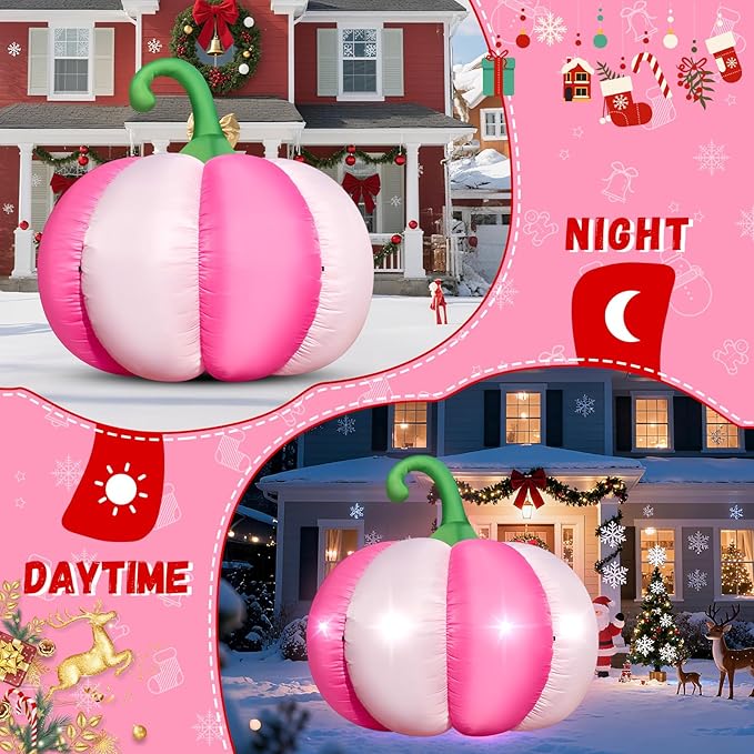 4.6FT Christmas Inflatable Pumpkin Blow-up Pink Pumpkin Build-in 4 LED Lights for Pink Christmas Outdoor Decorations Giant Inflatable Fake Pumpkins for Winter Xmas Party Decor Yard Garden Lawn