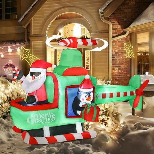 VCUTEKA Christmas Inflatables Outdoor Decorations, 6.5FT Santa Flying Animated Airplane with Penguin Blow Up Built-in LED Lights for Holiday Yard Garden Lawn Xmas Decor