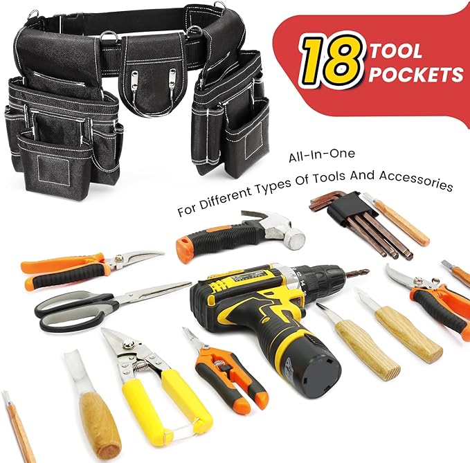 Tool Belt, Professional Tool Belts for Men, Magnetic Tool Pouch With Suspenders, Heavy Duty Detachable Adjustable Utility Belt Work Bags for Electrician, Carpenter (Black, 32''-66'')