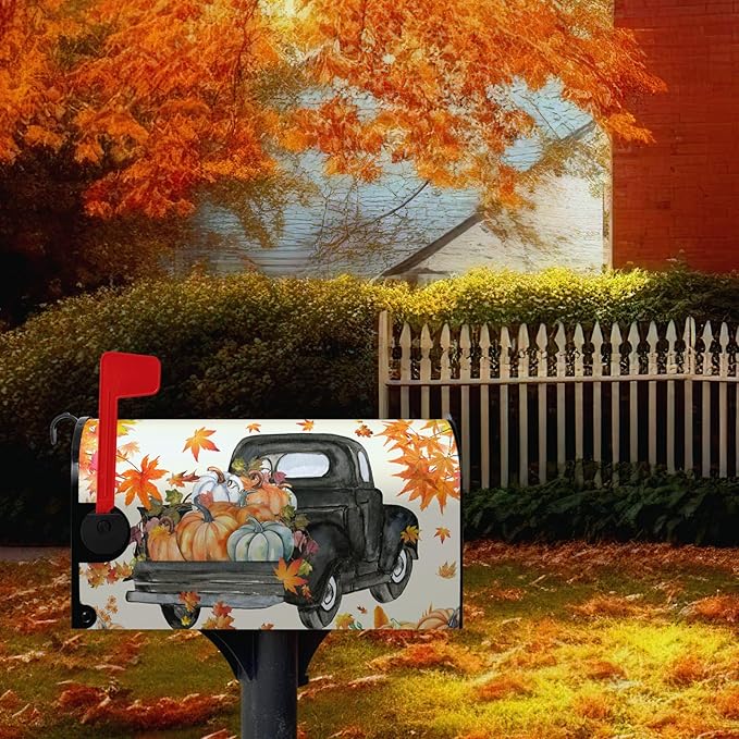 Fall Harvest Mailbox Covers Magnetic Large Size Thansgiving Pumpkin Mailbox Post Cover Maple Leaves Truck Waterproof Mailbox Wraps Mail Cover for Garden Yard Oversized 25.5 X 21 Inch