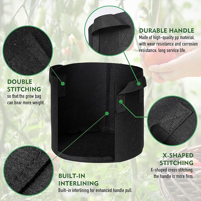 WEIFENG Grow Bags 5 Gallon Thickened Fabric Planting Bag 5-Pack Plant Pots with Handles