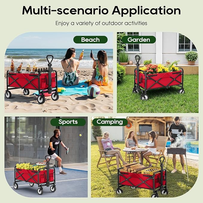PayLessHere | Collapsible Wagon Cart with Wheels | Red | Heavy Duty Foldable Utility Cart with 330 lb Capacity | with All-Terrain Wheels & Adjustable Handle for Outdoor, Garden, Beach, Shopping