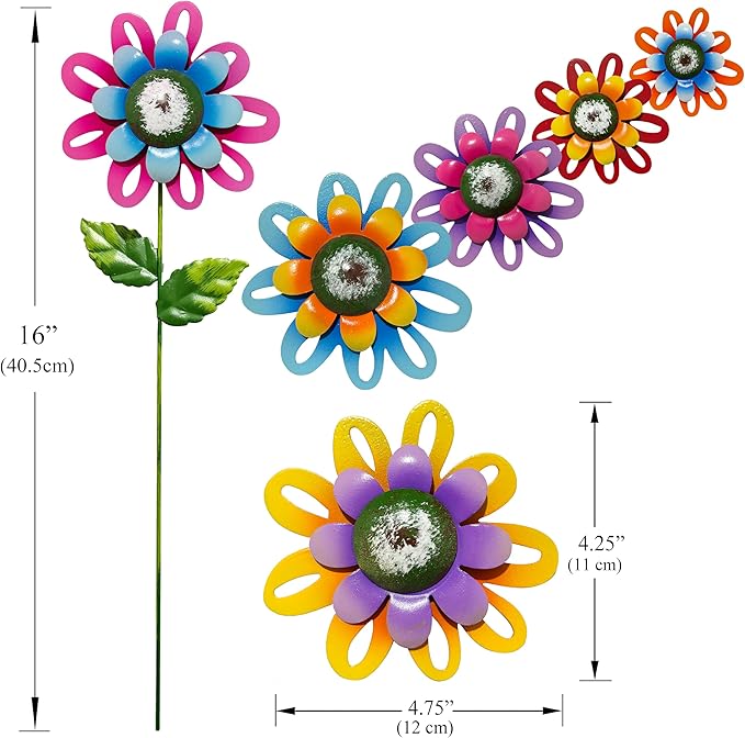 Metal Garden Flower Stakes, Outdoor Yard Art Decorations, 16.5 inch Height, Set of 6 Colorful Daisies (Yard Garden Decor)