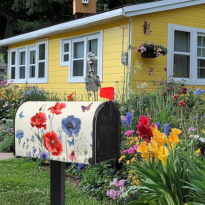 Red Blue Floral Mailbox Covers 4th of July Mail Box Covers Magnetic Standard Size 21x18 inch Patriotic Butterfly Flower Post Letter Box Cover Wrap Decorative Mailboxes for Outside Garden