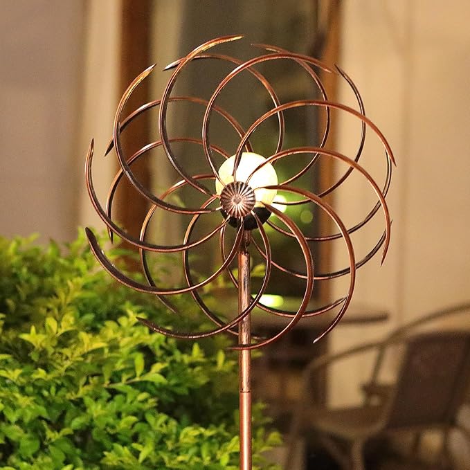 Solar Wind Spinner Improved 360 Degrees Swivel Warm White LED Lighting Glass Ball with Kinetic Wind Spinner Vertical Metal Sculpture Stake Construction for Outdoor Yard Lawn & Garden.