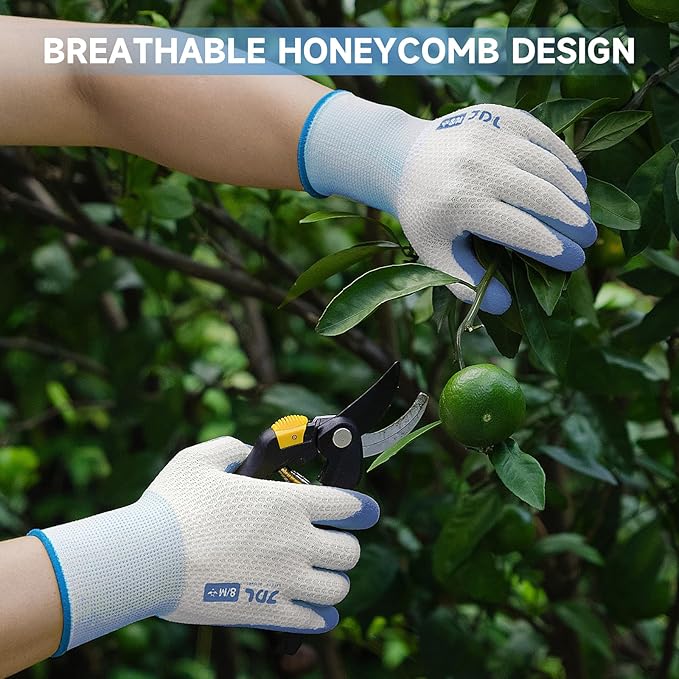 JDL Gardening Gloves for Women, 2 Pairs Breathable Latex Coated Yard Garden Gloves, Rubber Outdoor Protective Work Gloves with Grip, Blue, Medium Size