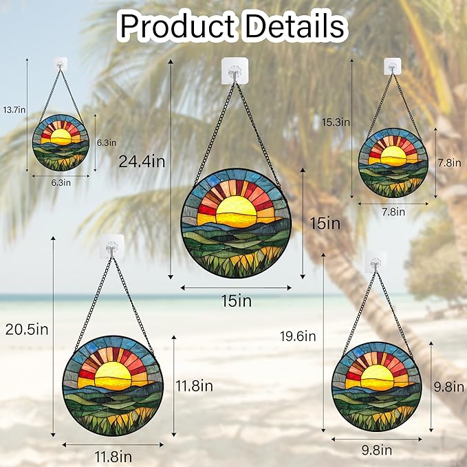 Stained Glass Window Hanging, Golden Red Sun Green Mountain Suncatcher for Window Home Decor Nature Landscape Sun Catcher Mother's Day Birthday Gifts for Women Men Mom Nana 6.3 in