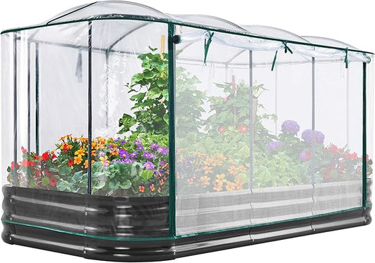 KING BIRD Raised Garden Bed with Cover Galvanized Oval Planter Garden Box Outdoor for Gardening, Vegetables, Flowers 94.5x47.2x11.8 in, Clear