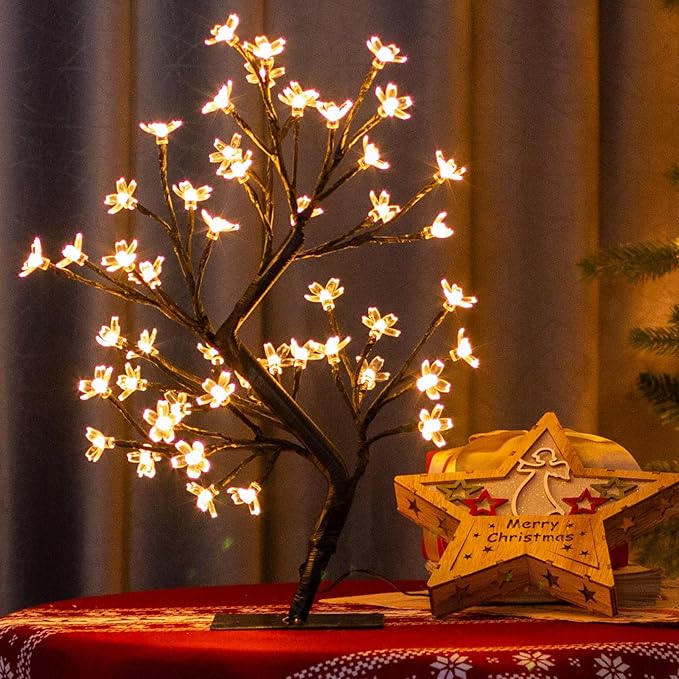 PEIDUO 17.5 Inch Lighted Cherry Blossom Tree, 48 Warm White Lights Plug in Adapter, Light up Bonsai Tree for Christmas Indoor Home Bedroom Living Room, Tabletop Decor Night Light Artificial Tree