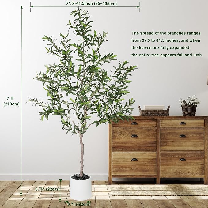 Artificial Olive Trees Indoor,Faux Olive Tree with White Planter Pot,Artificial Plants Lifelike Fruits for Home Office MeetingRoom Living Room Indoor Outdoor Decor(7ft)