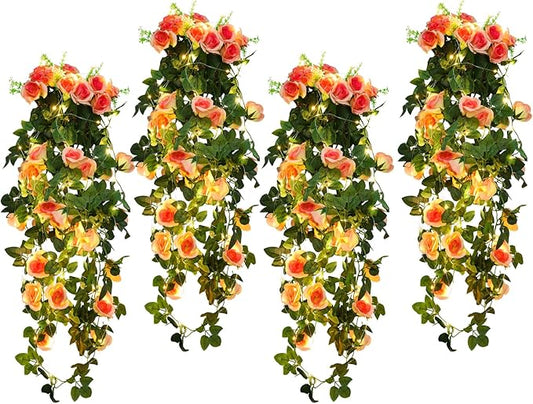 RECUTMS 4pcs Hanging Rose Flower Artificial Plants 32-in Fake Ivy Vine with 30 LED Fairy String Lights Outdoor UV Resistant Plastic Roses for Home Room Wedding Decor (Champagne)