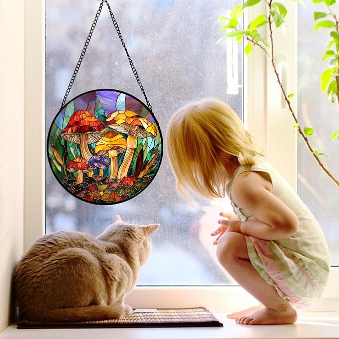 Stained Glass Window Hanging, Jungle Mushrooms Sun Catchers Diamond Glass Panel Hangings Plant Suncatcher Decor for Birthday for Women, Men, Wife, Aunt, and Mom 9.8 in