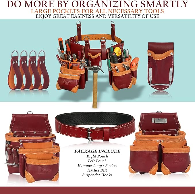 Grain Leather Tool Belt | Tool Rig Set | Tool Pouch | Drywall | Carpenter Tool Bag | Leather Tool Belts for Men | Construction | Framers | Electrician (Maroon)
