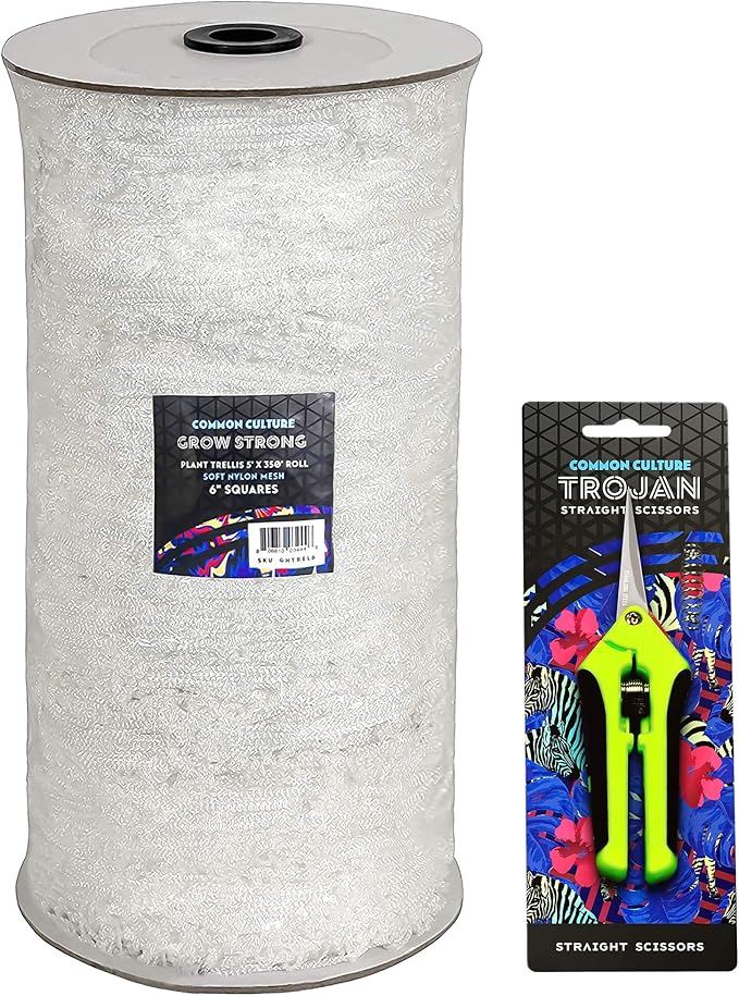 COMMON CULTURE Grow Strong Plant Trellis + Trojan Scissors - 6" Square Soft Mesh Nylon Trellis Netting Bulk Roll - Heavy-Duty Garden Netting for Plants - 5' x 350' - 1 Roll
