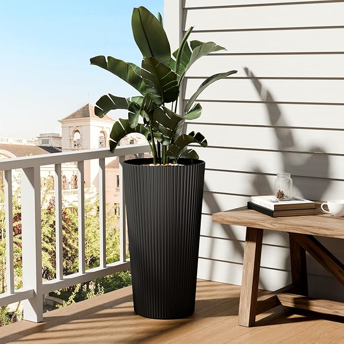 FONTOI 23.6" Tall Planter for Outdoor Plants Set of 2 Large Outdoor Plastic Striped Flower Pots, Front Porch Furniture, Garden Pots, Decorative Planters for Indoor/Outdoor, Patio, Balcony, Black