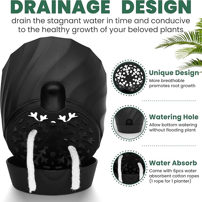 Plant Pots with Drainage, Self Watering Pots for Indoor Plants, Home Decor Flower Planters, 6 Pack Plastic Planters Succulent Pots, Black